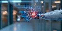 Futuristic robotic hand with glowing AI symbol and digital network connections in modern technology environment for artificial intelligence concepts.