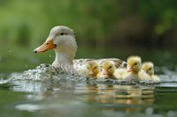 Mother duck swimming with newborn ducklings in line formation through splashing water, creating ripples on green pond surface in spring season.