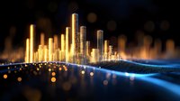 Glowing golden skyscrapers rise from digital wave pattern with blue light trails and bokeh effects on dark background, representing financial technology and smart city concept.