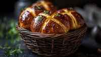Fresh homemade hot cross buns with glossy surface in rustic wicker basket, decorated with herbs against dark background. Traditional Easter baking.
