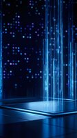 Futuristic holographic data stream rising from digital platform with glowing blue particles and bokeh lights creating sci-fi technology atmosphere.