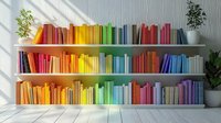 Colorful rainbow bookshelf arrangement with books organized by color spectrum from red to violet on white wooden shelves, natural light from window creates shadows.