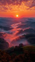 Breathtaking mountain landscape at sunrise with dramatic fog flowing through valleys, illuminated by intense orange sky and sun. Perfect for travel websites, nature magazines and inspirational content