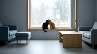 Two cats sitting together on windowsill in modern minimalist living room with gray furniture and natural light streaming through window.