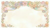 Soft pastel floral frame with ribbon banner on watercolor background, elegant botanical border with delicate flowers and swirling ornaments.