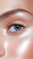Close-up of blue eye with natural makeup, groomed eyebrow, and glowing skin showing professional beauty treatment and cosmetic application technique.