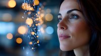 Young woman with gentle smile in profile view against blurred bokeh lights and falling sparkles creating magical evening atmosphere for beauty and wellness concepts.