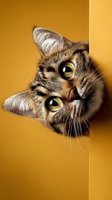 Adorable tabby cat with bright green eyes peeking around yellow corner, curious expression, striped fur pattern, domestic pet portrait for animal lovers.