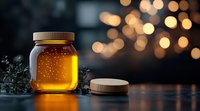 Golden honey jar glowing with warm light against dark background with bokeh effects and decorative herbs, showcasing natural organic food product.