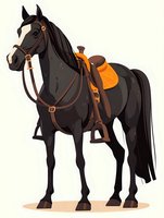 Black horse with brown leather saddle and orange pad standing in profile view, isolated on light background for design projects and equestrian illustrations.