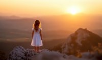Young woman in white dress standing on mountain peak watching golden sunset over scenic landscape for meditation and wellness concepts.