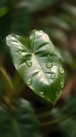 Green heart-shaped leaf covered with fresh water droplets, ideal for nature, gardening, and environmental design projects.