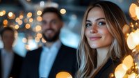 Young Caucasian woman with blonde hair smiling at evening party, surrounded by warm bokeh lights and blurred people in background. Elegant celebration atmosphere.