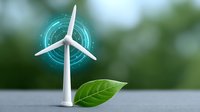 Wind turbine with digital hologram circle and green leaf symbolizing renewable energy technology and environmental sustainability solutions.