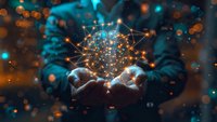 Magical glowing network sphere floating above cupped hands, combining digital connectivity with human touch. Perfect for technology, innovation, artificial intelligence and future concepts.