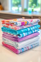 Stack of colorful folded kitchen towels and dishcloths with various patterns and stripes on marble countertop in bright modern kitchen.