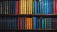 Colorful vintage hardcover books arranged on wooden shelves in library, showcasing diverse collection with blue, red, yellow, and green spines.