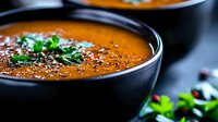 Creamy tomato soup garnished with fresh herbs and sesame seeds served in black bowl, comfort food for restaurants and home cooking recipes.