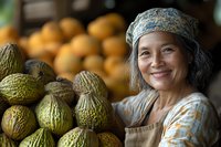 Smiling mature Asian woman vendor at farmers market displaying fresh melons and citrus fruits, wearing traditional headscarf and apron while working at produce stand.