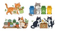 Cartoon cats with recycling bins, potted plants, and waste baskets. Isolated vector illustrations on white background, ready for design use on merchandise and educational materials.