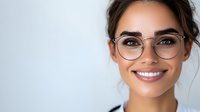 Young Mediterranean woman wearing round glasses smiles confidently at camera against light background, showcasing natural makeup and professional appearance.