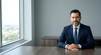 Professional mature man with dark hair and beard, Hispanic ethnicity, wearing navy business suit and tie, seated at wooden desk in modern office with large window overlooking cityscape, confident corporate executive portrait for business and professional use.
