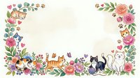 Watercolor floral frame with cute cats, roses, paw prints, and hearts on white background, isolated for cards, invitations, and prints.