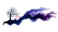 Mystical mountain landscape with bare tree silhouette against purple and pink sky, flowing into ethereal smoke effect creating dreamy atmospheric scene.