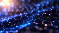 Digital network visualization with glowing hexagonal grid structure on dark background, illuminated by blue and orange bokeh lights creating futuristic atmosphere.