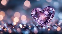 Pink crystal heart shape on blurred bokeh background with soft glowing lights creates romantic atmosphere for Valentine's Day and love themes.