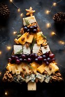 Festive cheese board arranged in Christmas tree shape with grapes, nuts, rosemary, and string lights on dark background for holiday entertaining.