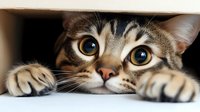 Curious tabby cat with bright yellow eyes peeking through narrow opening, showing paws and whiskers in playful hiding pose against dark background. For pet photography and animal behavior.