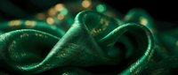 Green metallic fabric with flowing curves and golden bokeh lights creating luxurious textile background for fashion and design projects.