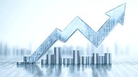 Growing financial chart with upward arrow and bar graph showing business success and economic growth trend in blue tones on light background.