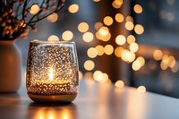 Glowing candle in sparkly glass holder against blurred golden bokeh lights creating cozy atmospheric mood for holiday celebrations and home decor.