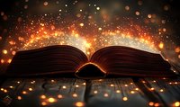 Open magical book with glowing golden sparkles and light particles rising against dark background, creating mystical atmosphere for fantasy and education concepts.