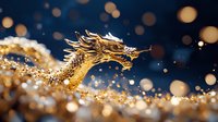 Golden dragon sculpture emerging from shimmering particles against dark blue background with bokeh lights. Luxury, wealth, prosperity and celebration concept for design projects.