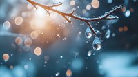 Frozen tree branch with water drops reflecting winter sunrise, magical bokeh background creates dreamy atmosphere. Natural macro photography for seasonal designs.
