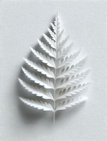 White paper cut fern leaf with delicate shadows on light background, isolated botanical art piece for minimalist design and creative projects.