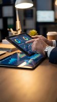 Businessman in suit analyzing financial charts and graphs on tablet at office desk under lamp light at night.