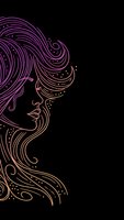 Elegant woman profile with flowing hair in purple pink gradient lines on black background for beauty salon branding and feminine design projects.