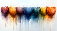 Colorful heart balloons in rainbow sequence with dripping paint effect, watercolor style artwork showing emotions through vibrant colors and flowing streaks.