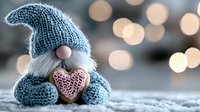 Festive winter gnome holding heart-shaped cookie against blurred bokeh lights background, cozy holiday atmosphere with decorative Nordic tomte in blue knitted hat.