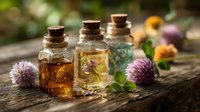 Small glass bottles with cork stoppers containing herbal oils and dried flowers on rustic wooden surface with clover blossoms for natural wellness products.