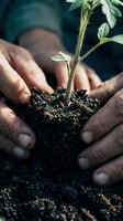 Hands holding young seedling with soil and roots visible, representing growth, gardening, sustainability, and environmental care for agricultural and eco-friendly projects.