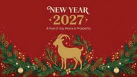 New Year 2027 greeting with golden goat silhouette, festive evergreen garland, ornaments and stars on red background for holiday celebrations and seasonal marketing.