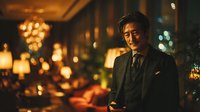 Middle-aged Asian businessman in elegant suit standing in luxury hotel lobby with warm lighting and chandelier, corporate executive portrait for business.