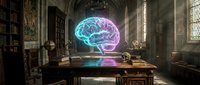 Glowing holographic brain floating above antique wooden desk in gothic library interior with stone arches and stained glass windows for neuroscience concepts.