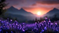 Lavender field at sunset with purple flowers blooming in foreground and mountain silhouettes under dramatic pink orange sky for relaxation wellness content.