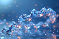 Glowing DNA helix structure with orange light spots on blue background, scientific molecular genetics concept for medical and biotechnology research.